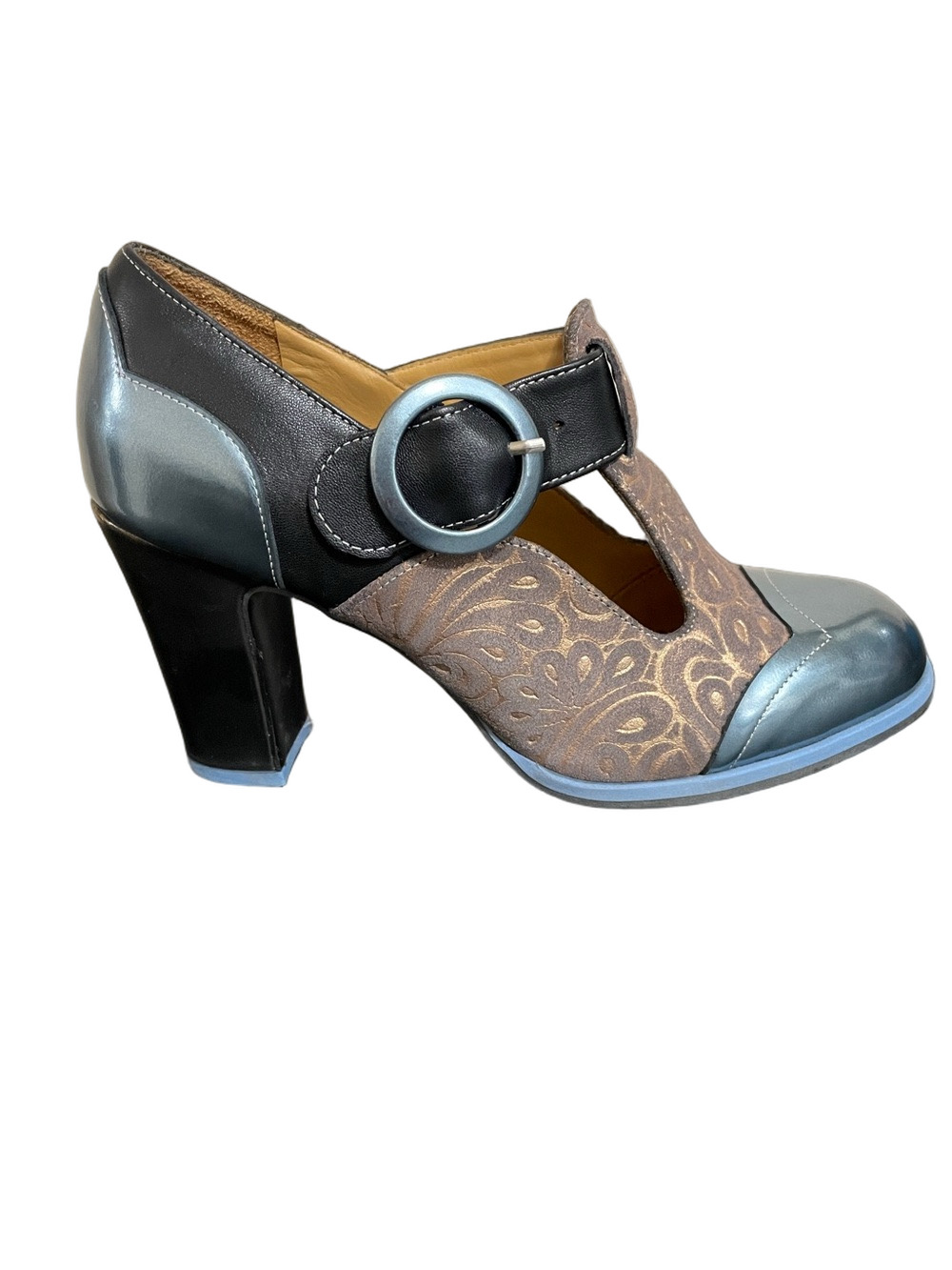 John Fluevog Ilona Attic T-Strap Embossed Shoes Size 8.5